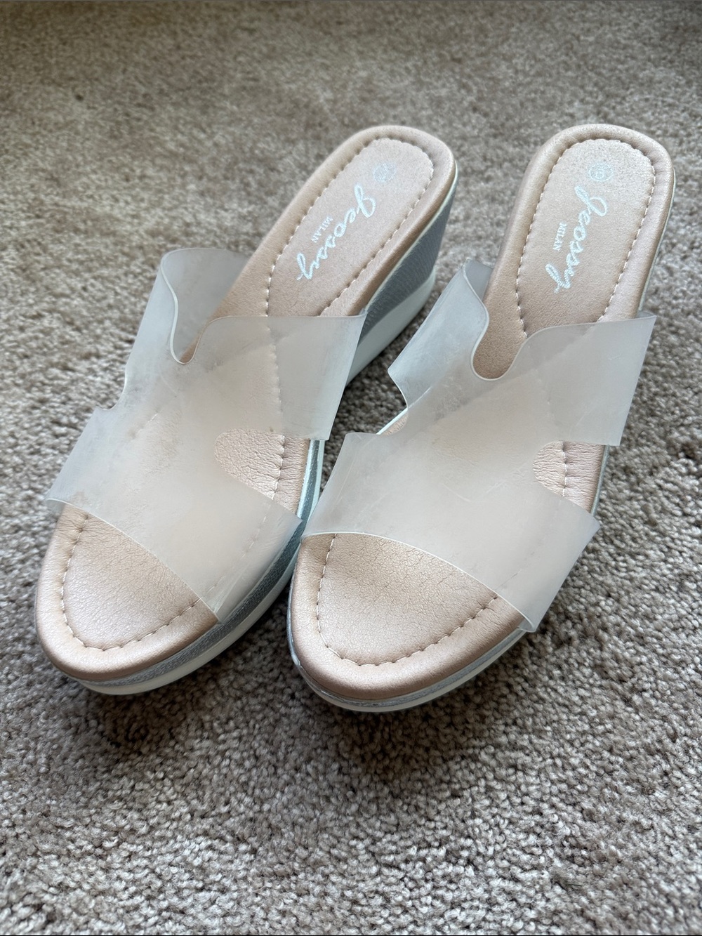 Jessica Clear Strap Beige Wedge Slides